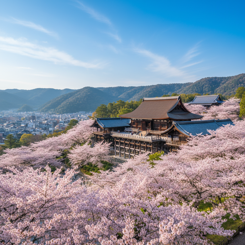 교토 기요미즈데라의 벚꽃 시즌 전경, 푸른 하늘 아래 분홍빛 벚꽃으로 가득 찬 사찰의 목조 테라스와 주변 풍경을 담은 고해상도 광각 사진.