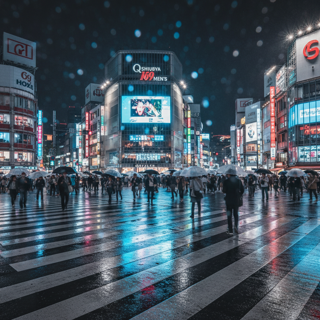 도쿄 시부야 스크램블 교차로의 화려한 야경, 비가 내린 뒤 젖은 노면에 반사된 네온사인과 보행자들의 역동적인 움직임을 담은 시네마틱한 사진.