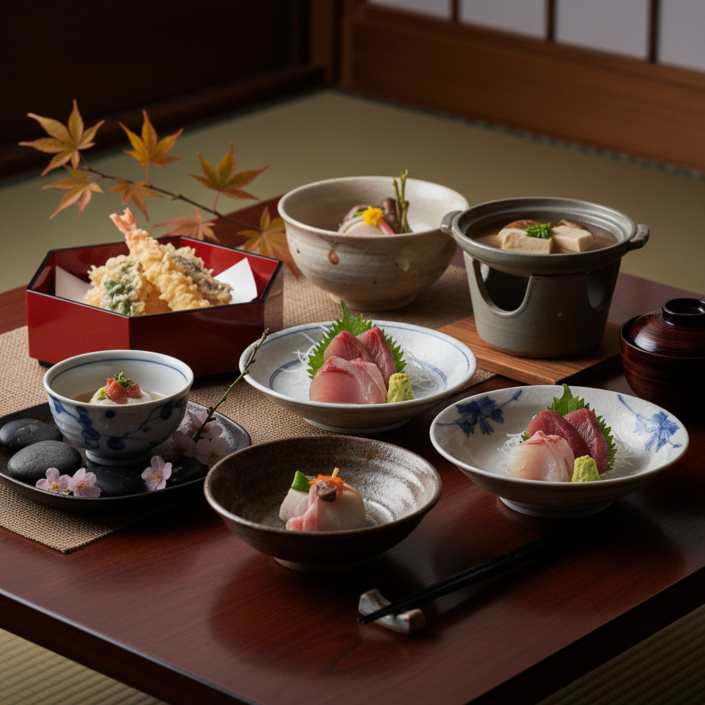 전통적인 일본 가이세키 요리의 정갈한 상차림, 계절감이 느껴지는 장식과 고급스러운 도자기 그릇에 담긴 음식의 질감을 강조한 초근접 촬영 이미지.