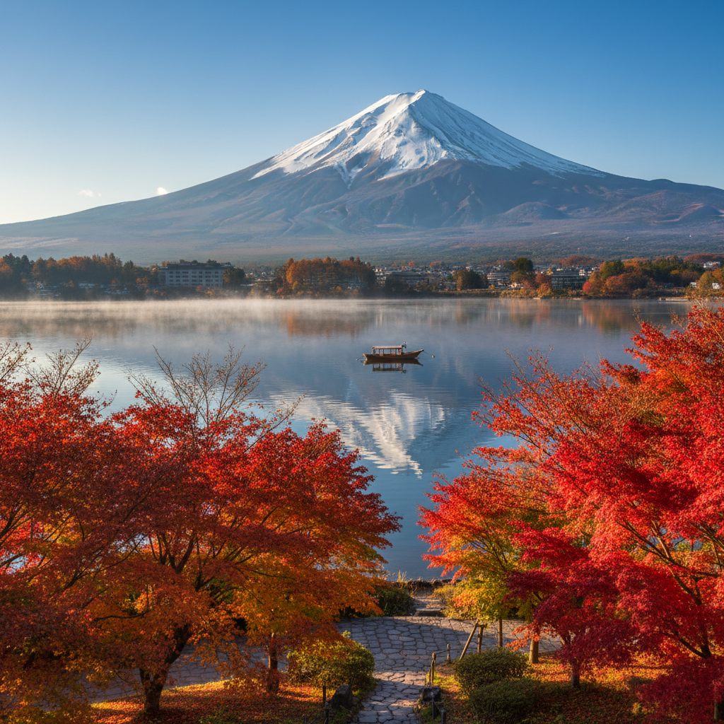 눈 덮인 후지산의 웅장한 모습과 가와구치호 호수 근처의 붉게 물든 단풍나무가 조화를 이루는 평화롭고 선명한 가을 풍경 사진.