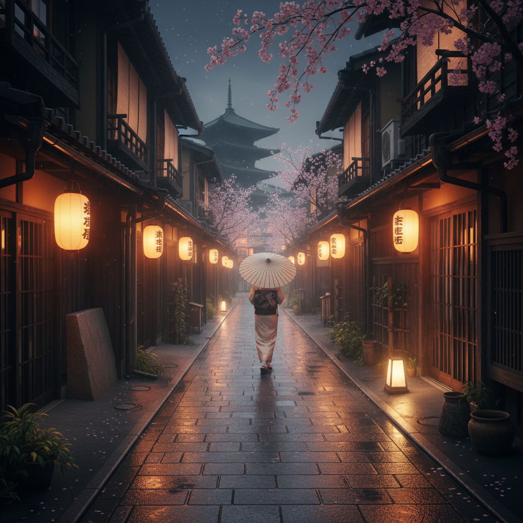 교토 기온 거리의 고즈넉한 밤 풍경, 좁은 골목길 사이로 은은하게 빛나는 종이 등불과 전통적인 목조 가옥들이 자아내는 신비로운 분위기.